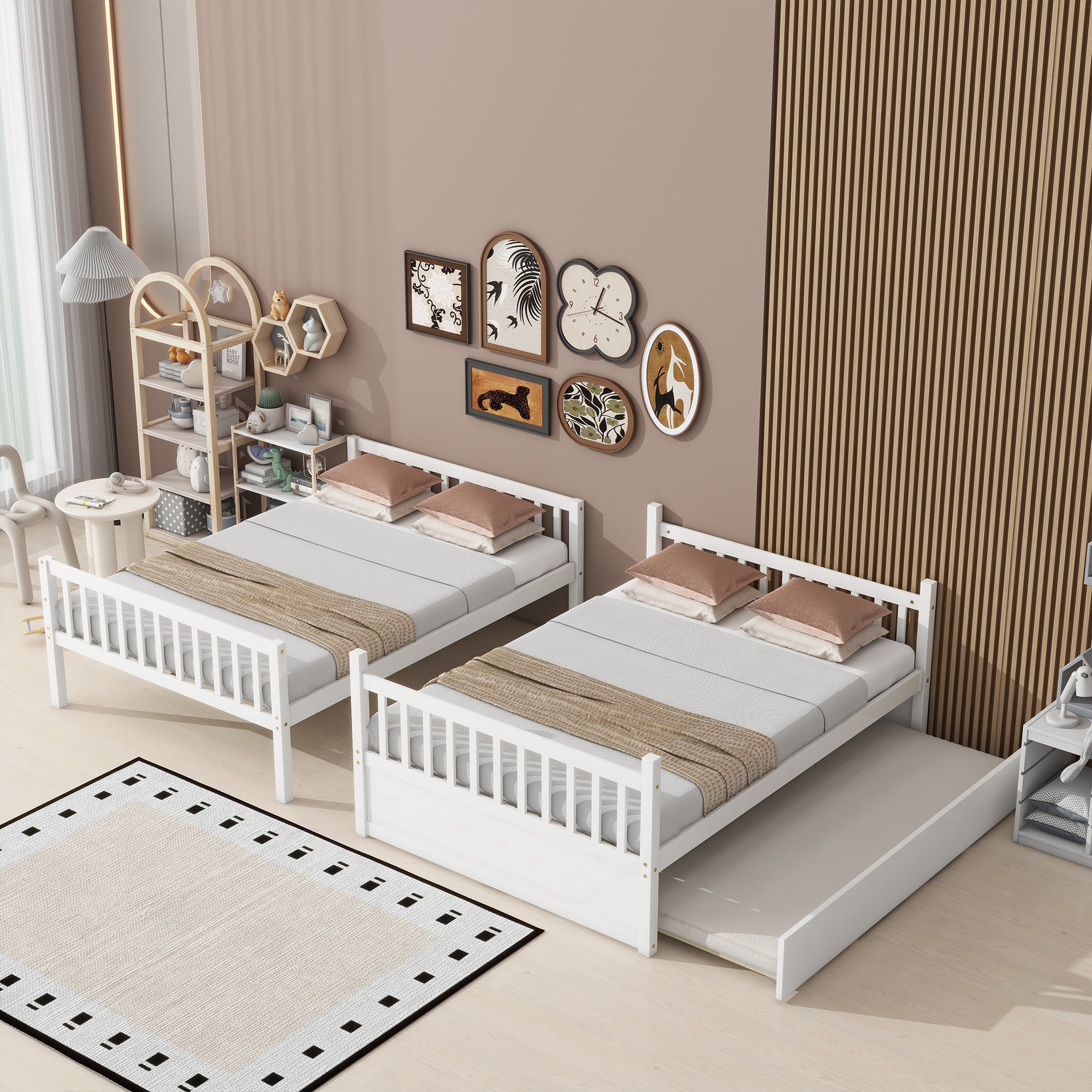 Full Over Full Rubber Wood Bunk Bed with Trundle, Ladder and Guardrails, Convertible to 2 Full Size Beds, with Twin Size Trundle,White