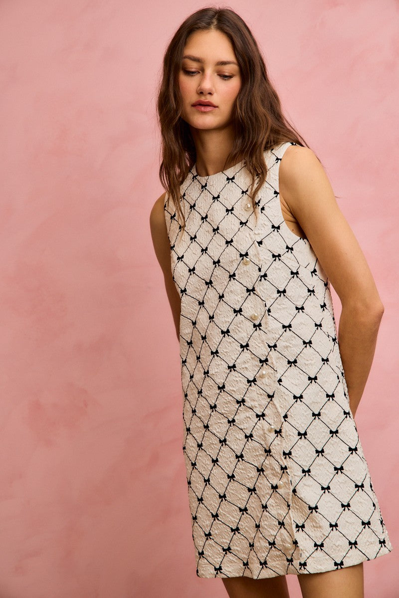 SO ME Ribbon Jacquard Pattern Dress with Scalloped Side