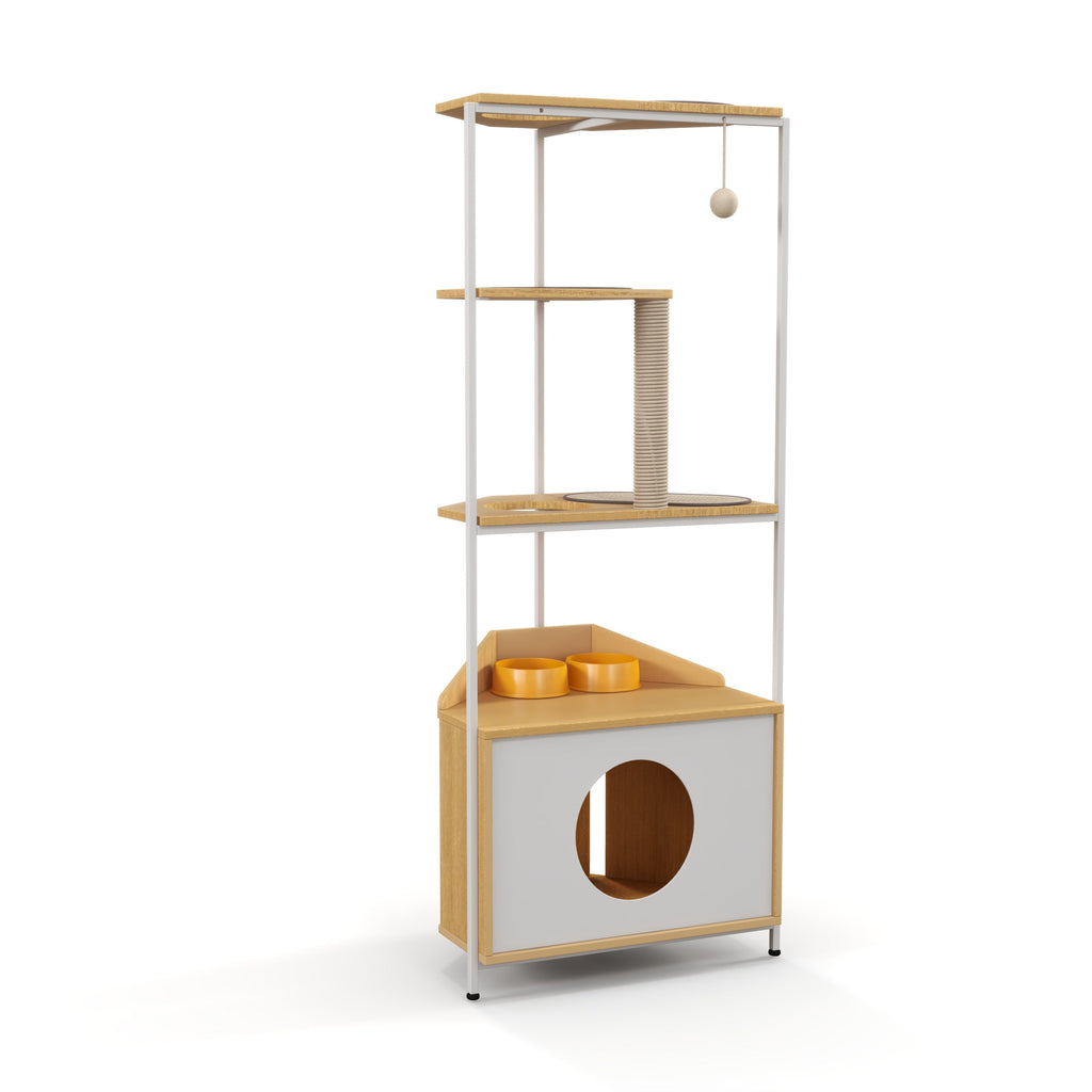 Modern Corner Cat Tower with Scratching Post, Cat Condo and Feeding Station, White and Light Oak Particle Board, 58.27-inch Height