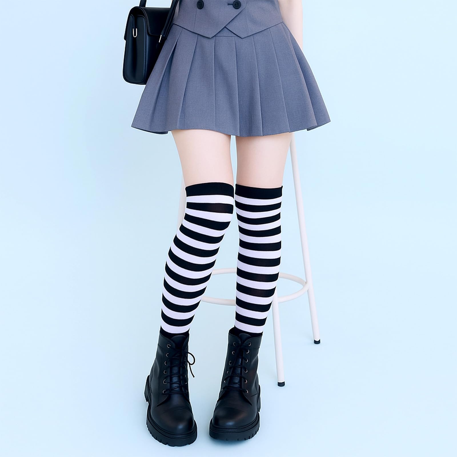 Tweruna 3 Pair Women's Knee High Striped Socks Orange Black Purple