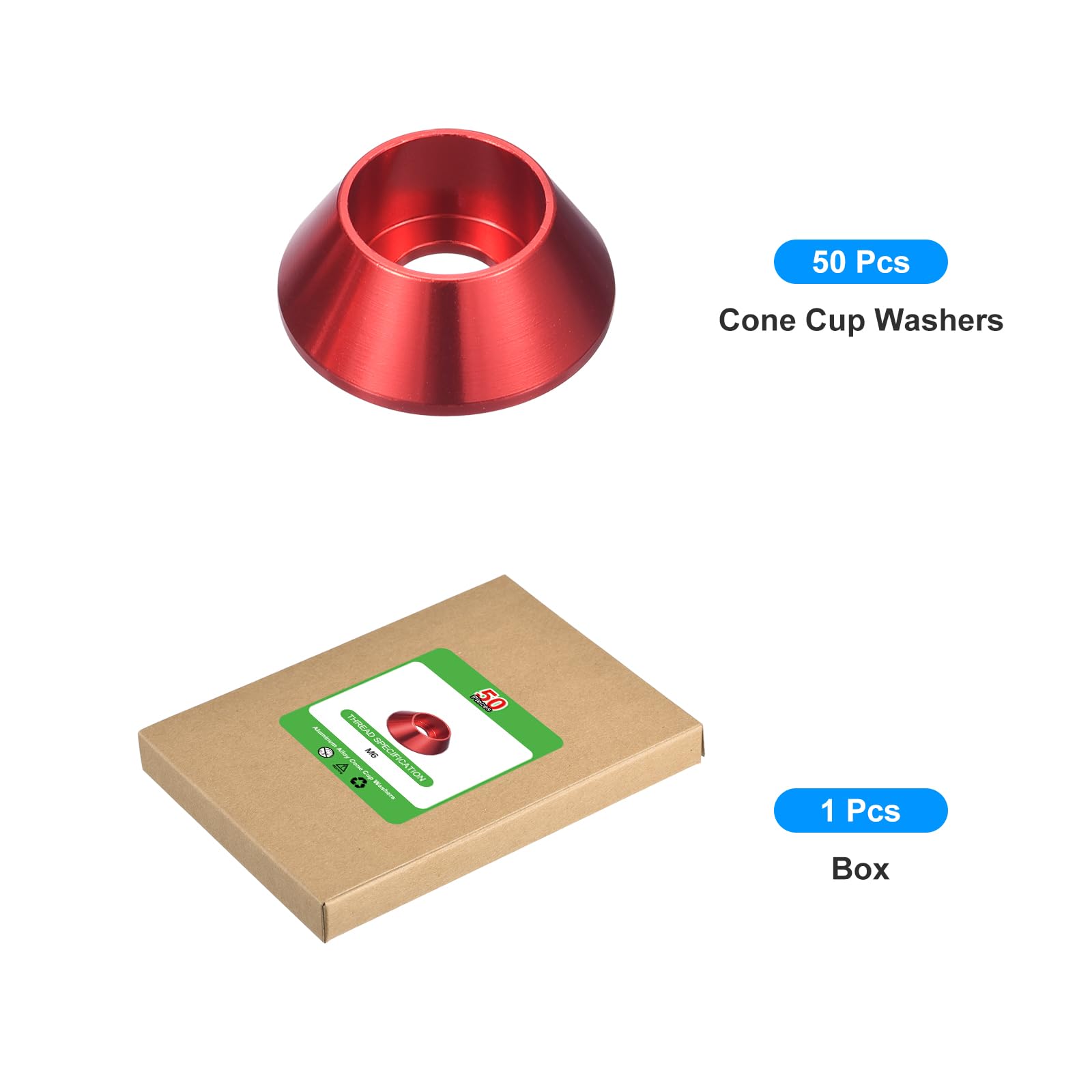 uxcell M6 Cone Cup Countersunk Washers Anodized Aluminum Red 50 Pcs