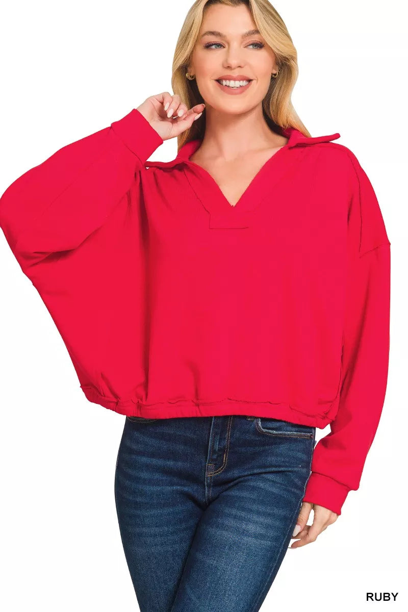 Zenana French Terry Collared Exposed Seam Sweatshirt