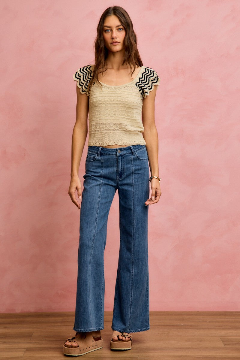 SO ME Wavy Textured Knit Top With Fluttered Sleeves