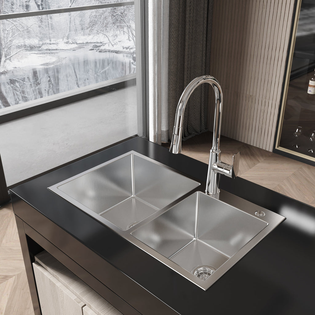 Stainless Steel Kitchen Sink, 32″x19″ Double Bowl in Brushed Nickel, Overmount Handmade Sink, with US Standard Drain and Hook, LS-SSBR03