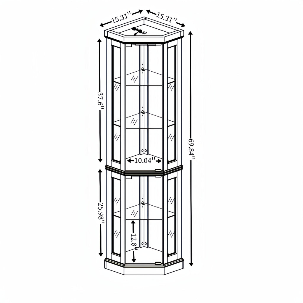 Corner Glass Cabinet Lighted Curio Cabinet Corner Display Case for Living Room, Curio Cabinet, Antique collection, Wine,Bar Glass Storage Light Included, Dark oak
