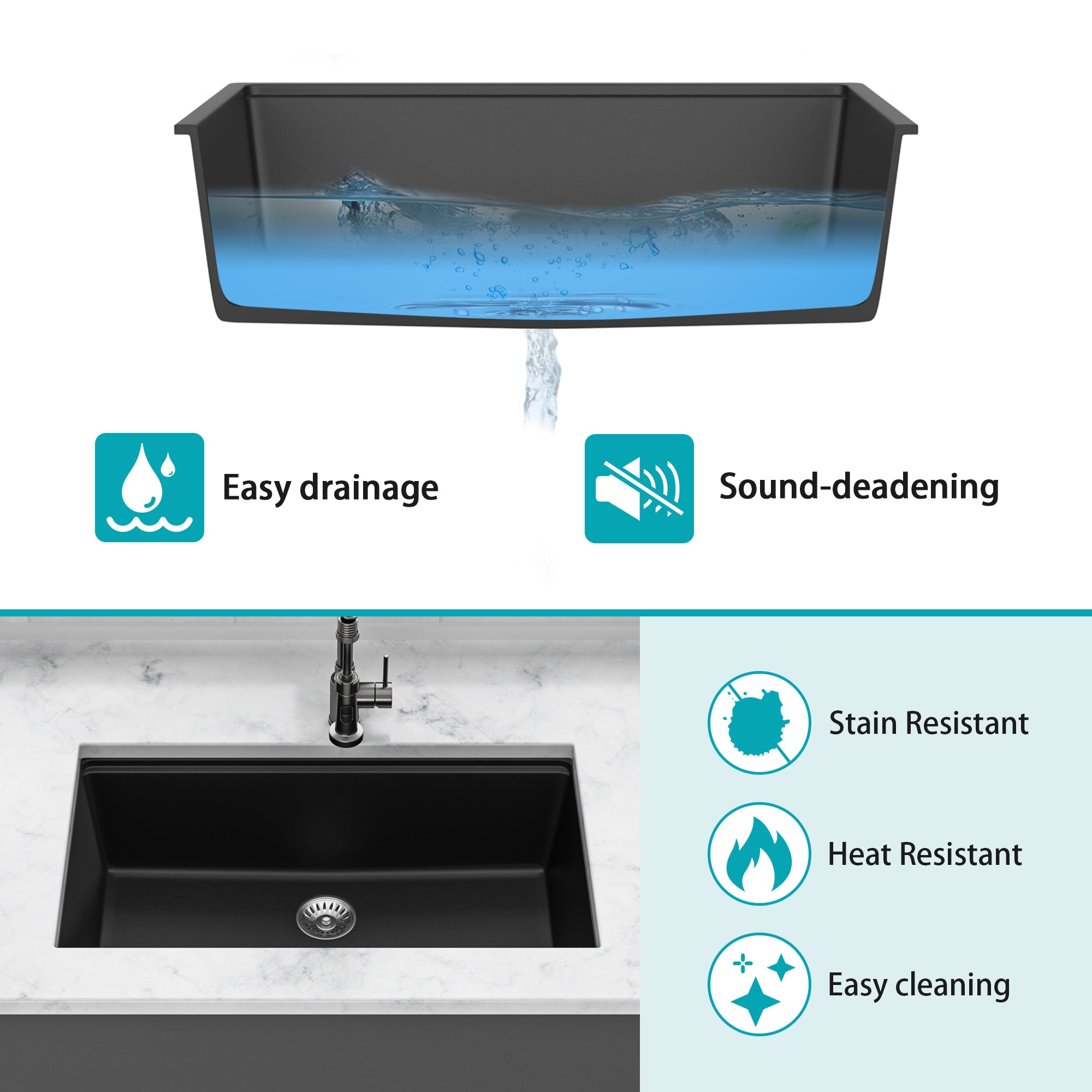 Quartz Composite Kitchen Sink Workstation Undermount 33x19 Inches Black Granite