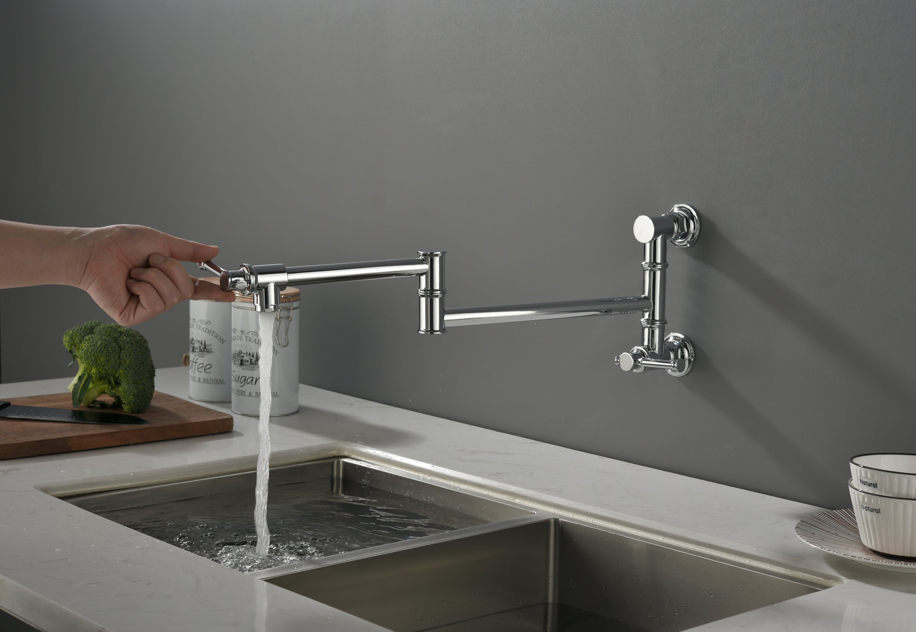 Wall mounted Pot Filler Faucet, Modern Brass Pot Filler Two-Attachment Wall Mount Folding Kitchen Pot Filler Swing Arm