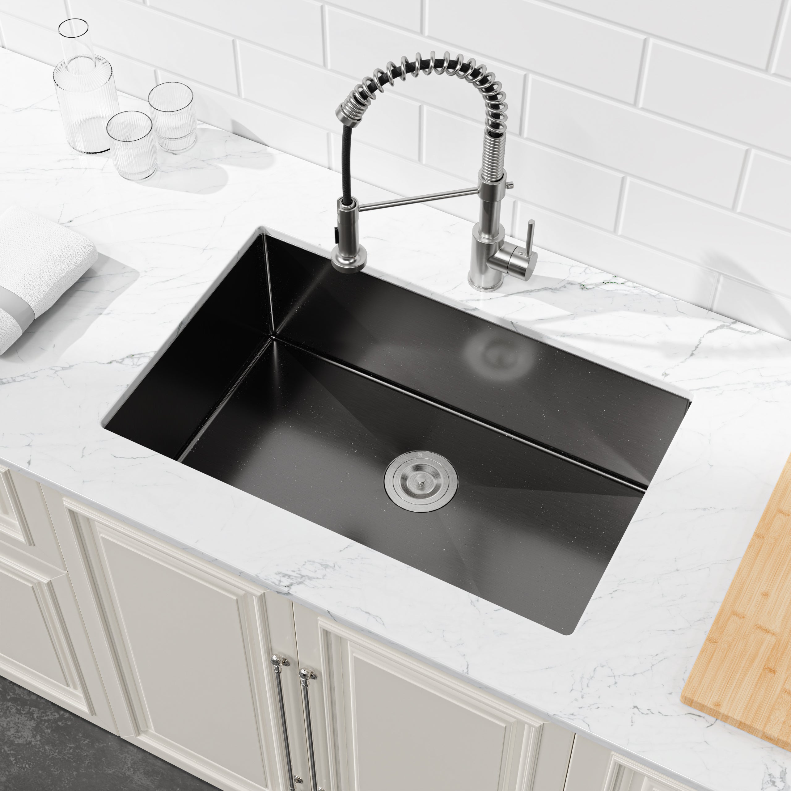 Stainless Steel Kitchen Sink, 27″x19″ Single Bowl, Undermount Handmade Sink in Black, with US Standard Drain and Hook