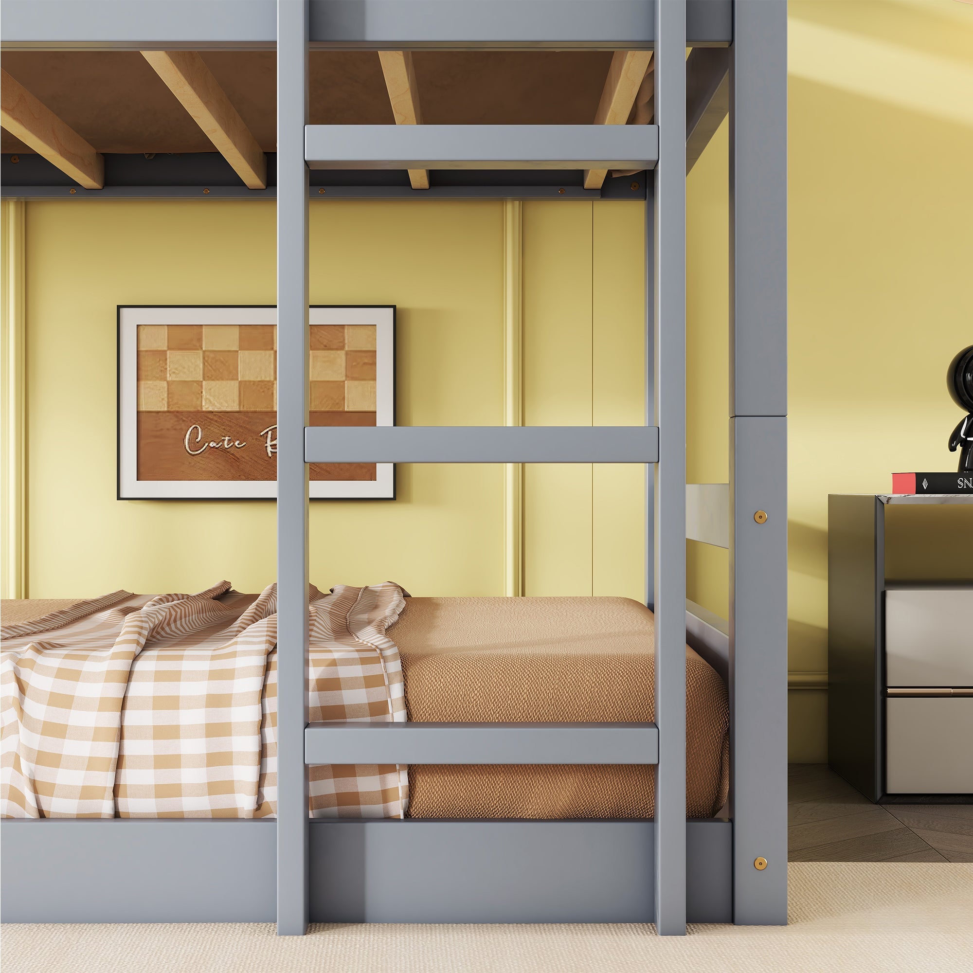Triple Rubber Wood Bunk Bed with Two Built-in Ladders, Guardrails, Twin over Twin over Twin, Detachable Triple Twin Bunk Bed,Grey