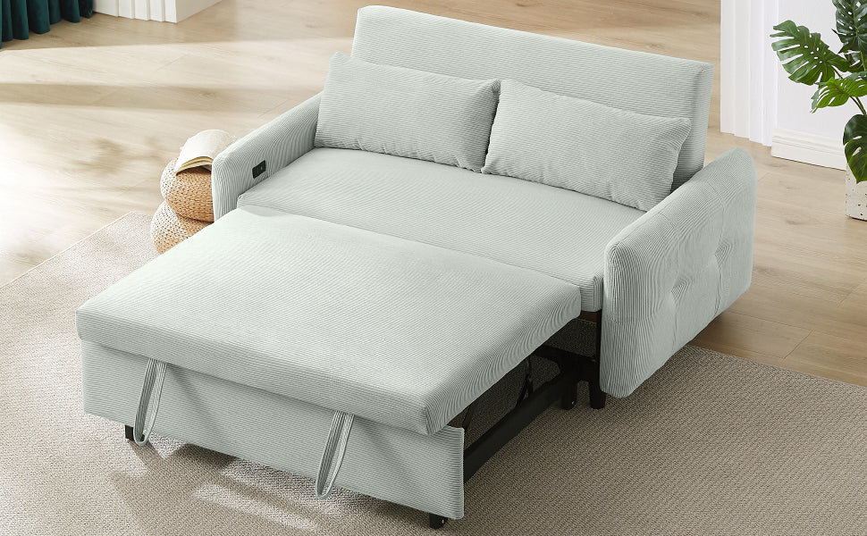 Modern Convertible Pull-out Sofa Bed Loveseat with USB Ports, Light Grey-Green Corduroy, 57.48 Inches