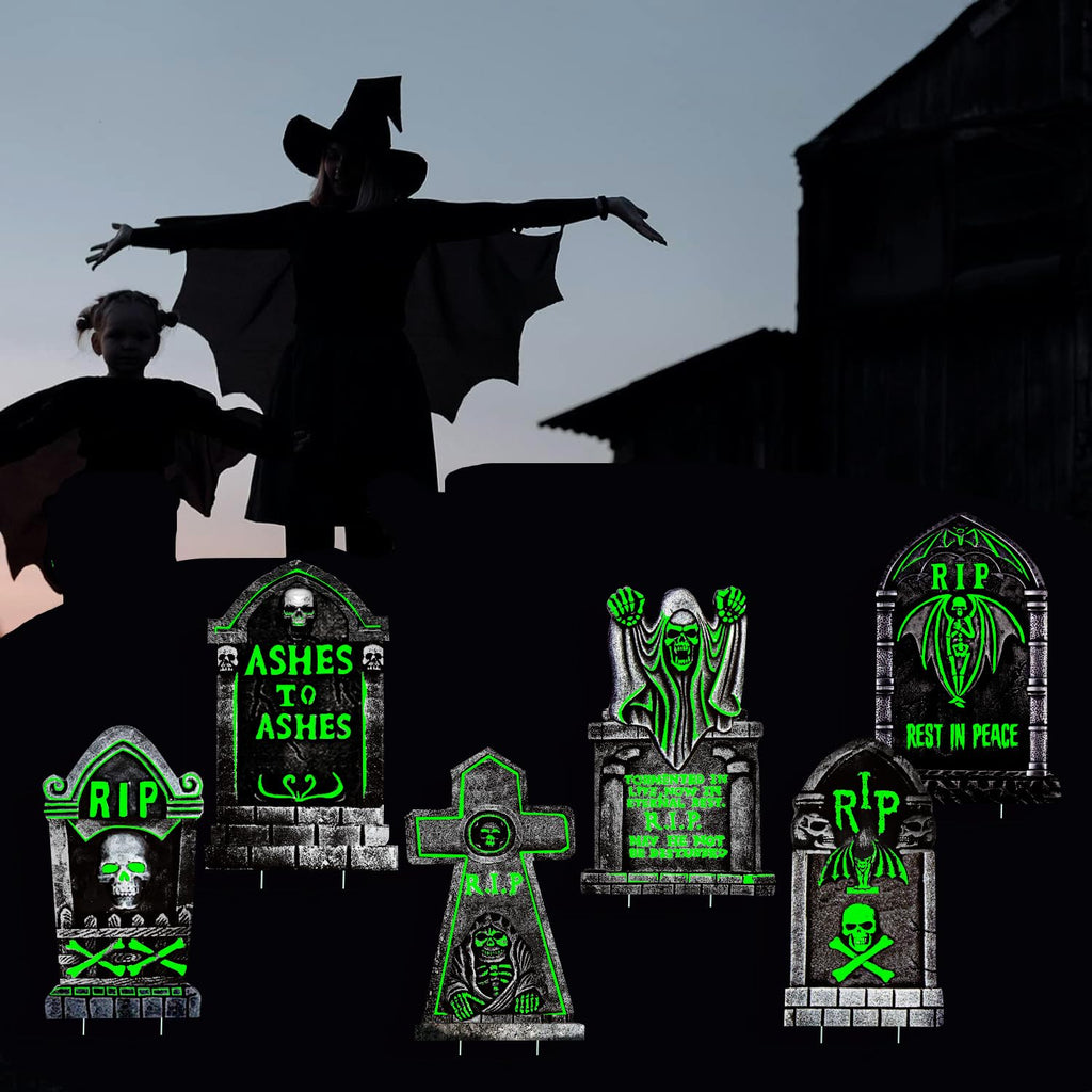 CiniQy Halloween Tombstones 6 Pack Light Up 16.5x11.5" Waterproof Outdoor Decor