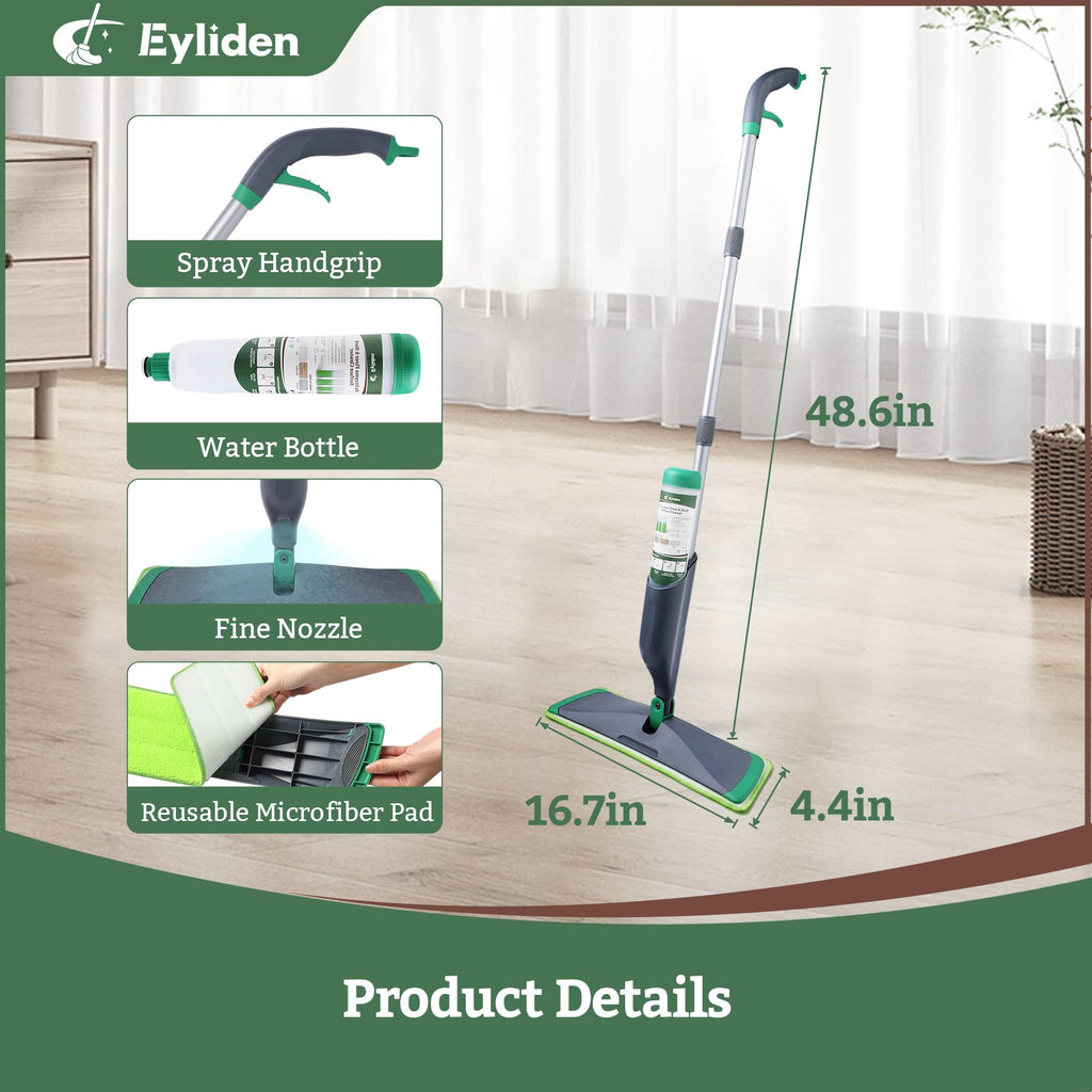 Eyliden Spray Mop Green+Grey with 40ml Bio-Enzyme Cleaner, 2 Microfiber Pads