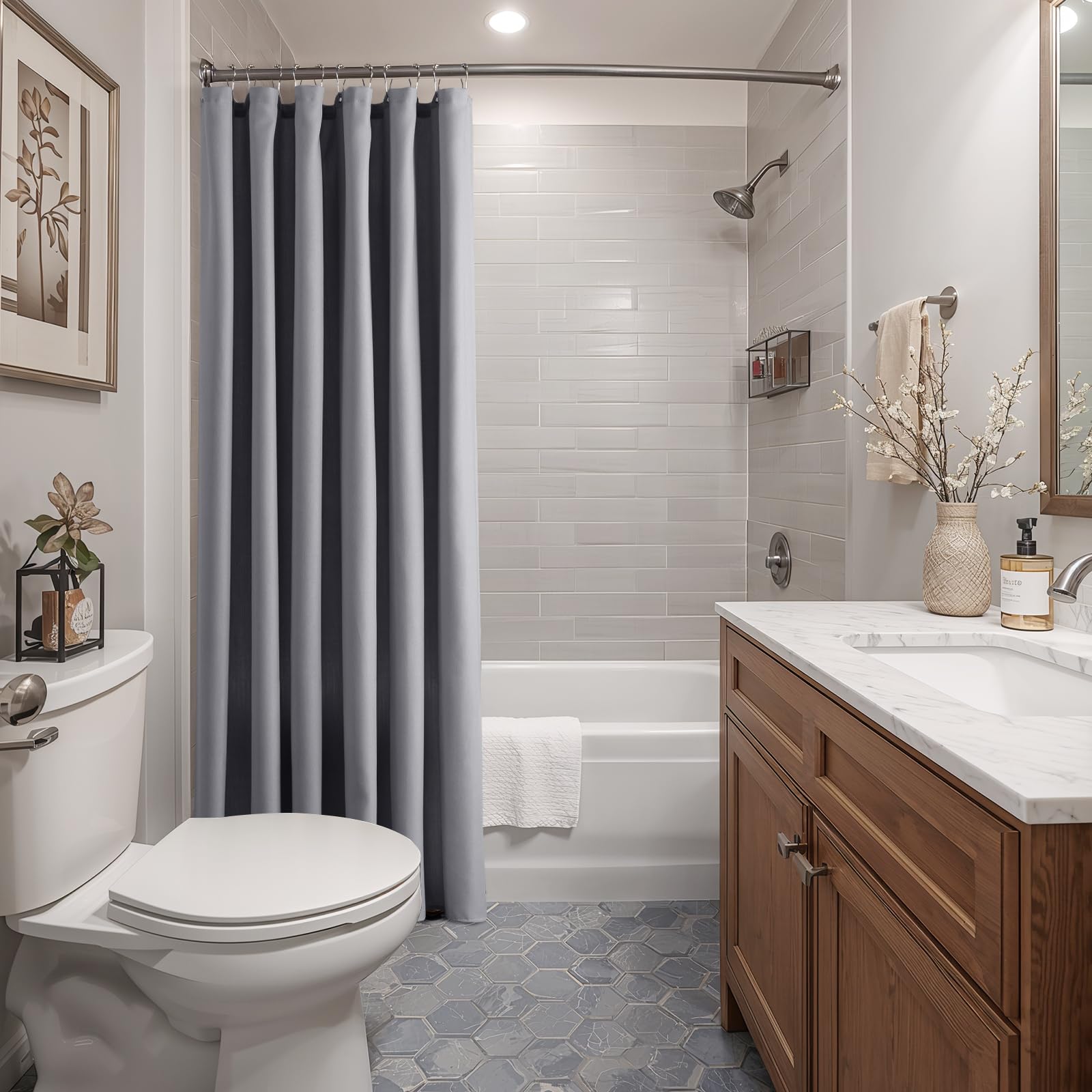 Jolilight Grey Linen Blend Shower Curtain Rustic Cottage 72x72 with Hooks
