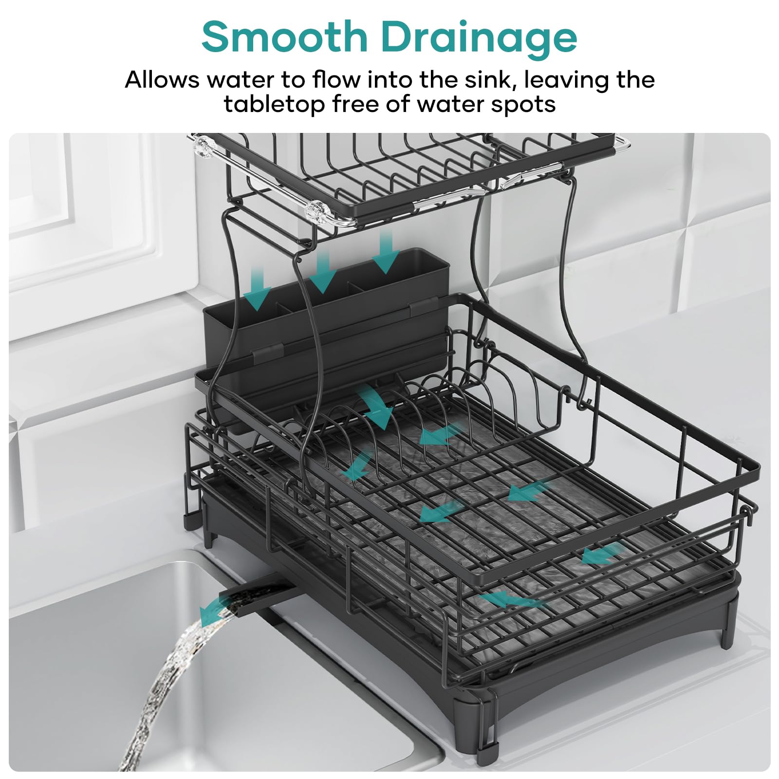 Gtyasm Extendable 2Tier Dish Drying Rack Drainboard & Cutlery Holder Black Large