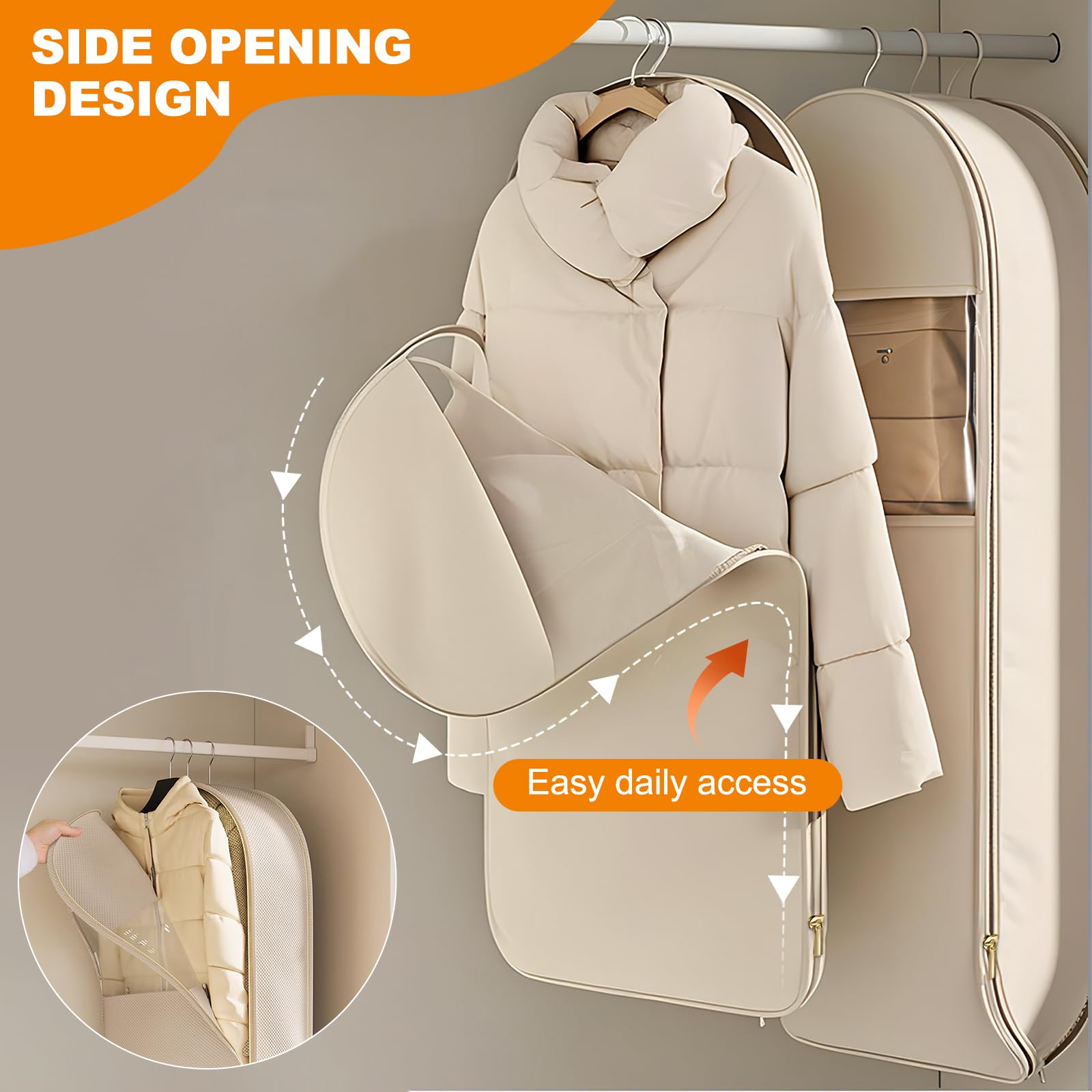 TPTAL Space Saving Hanging Garment Bag Beige with Self Compression Zipper