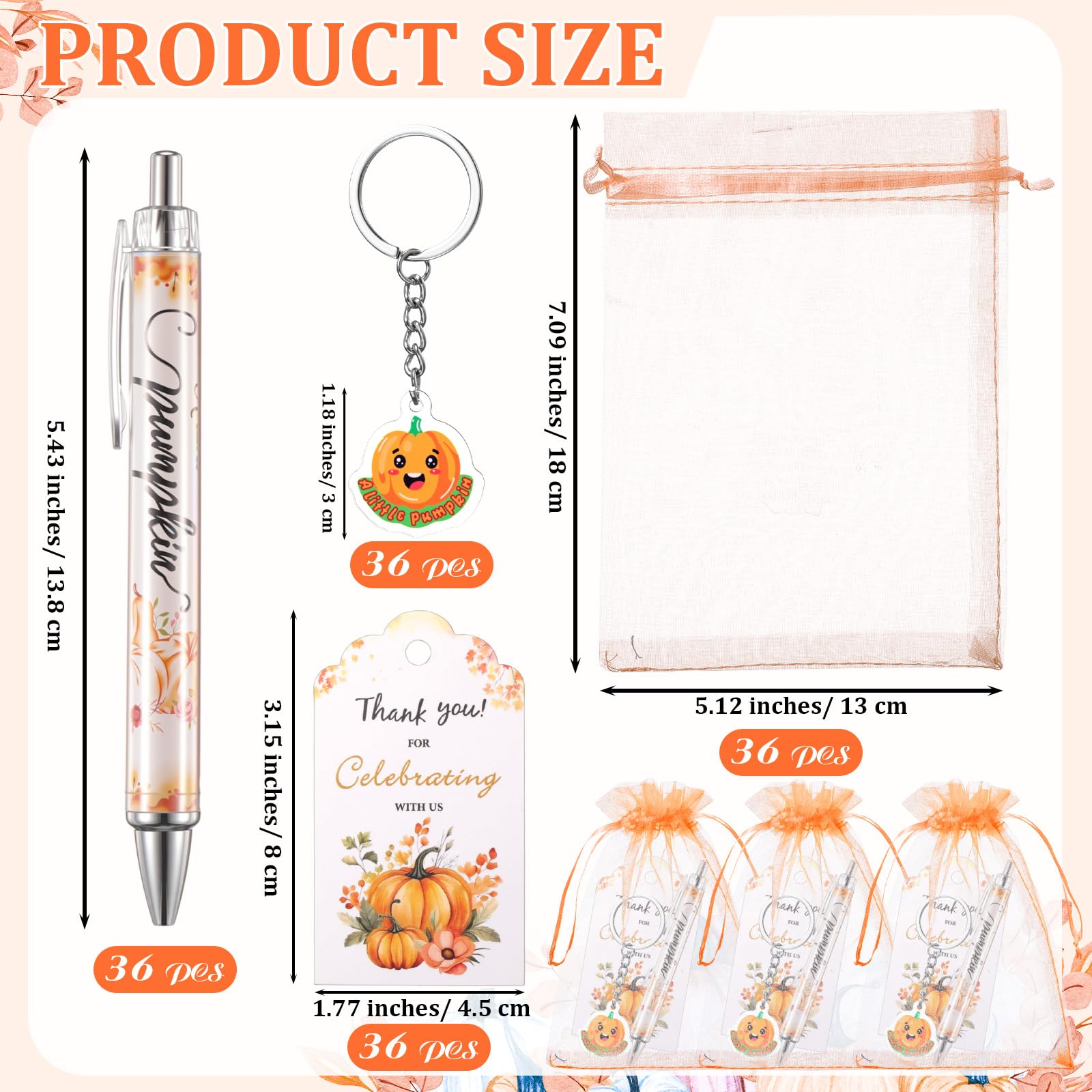 AmazingSpark 36 Sets Fall Baby Shower Favors Pumpkin Pens Keychains Orange