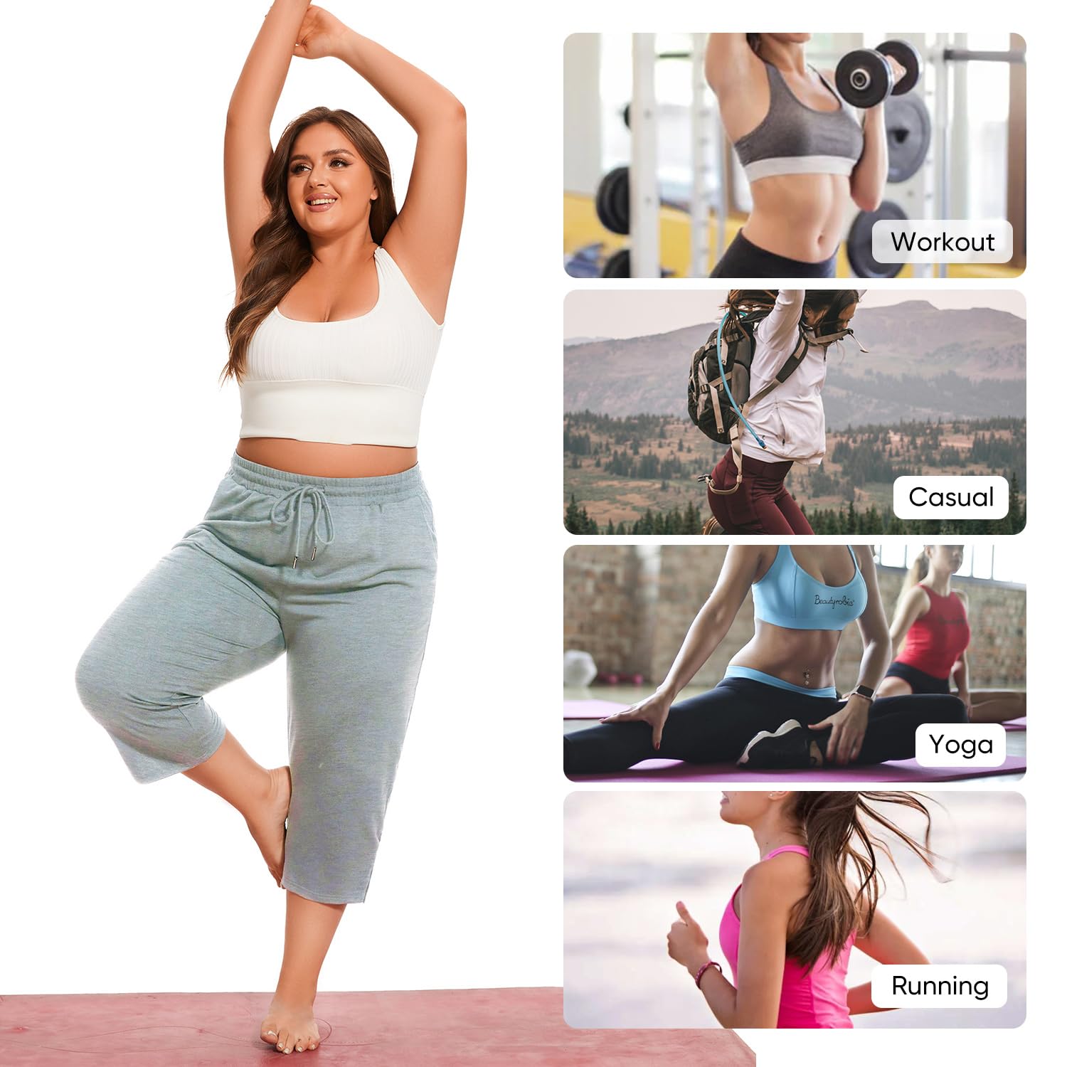 Gyrans Plus Size Wide Leg Yoga Capris Pants with Pockets Light Gray Size 3X