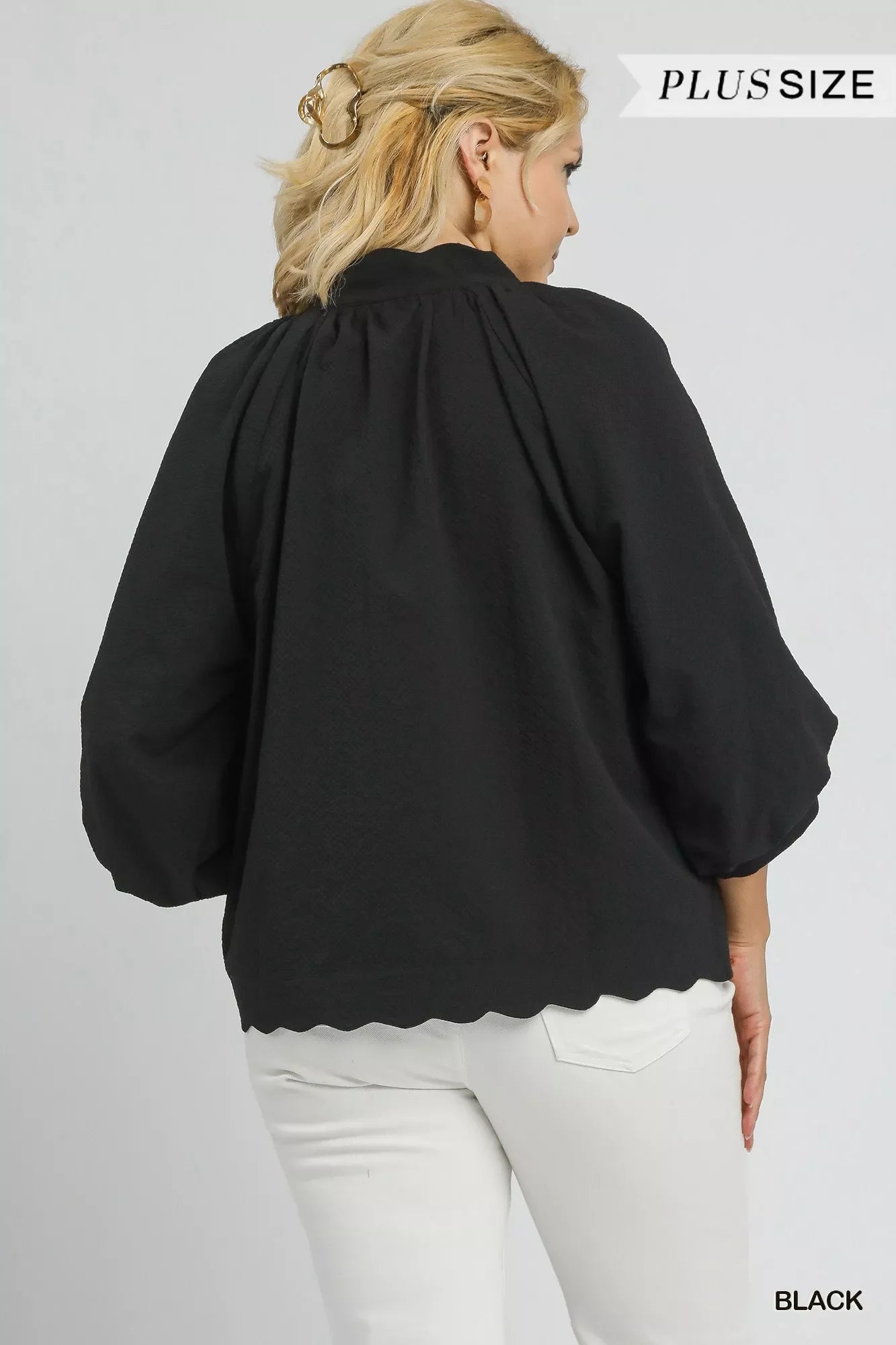 Umgee Full Size Textured Notched Balloon Sleeve Blouse Plus Size