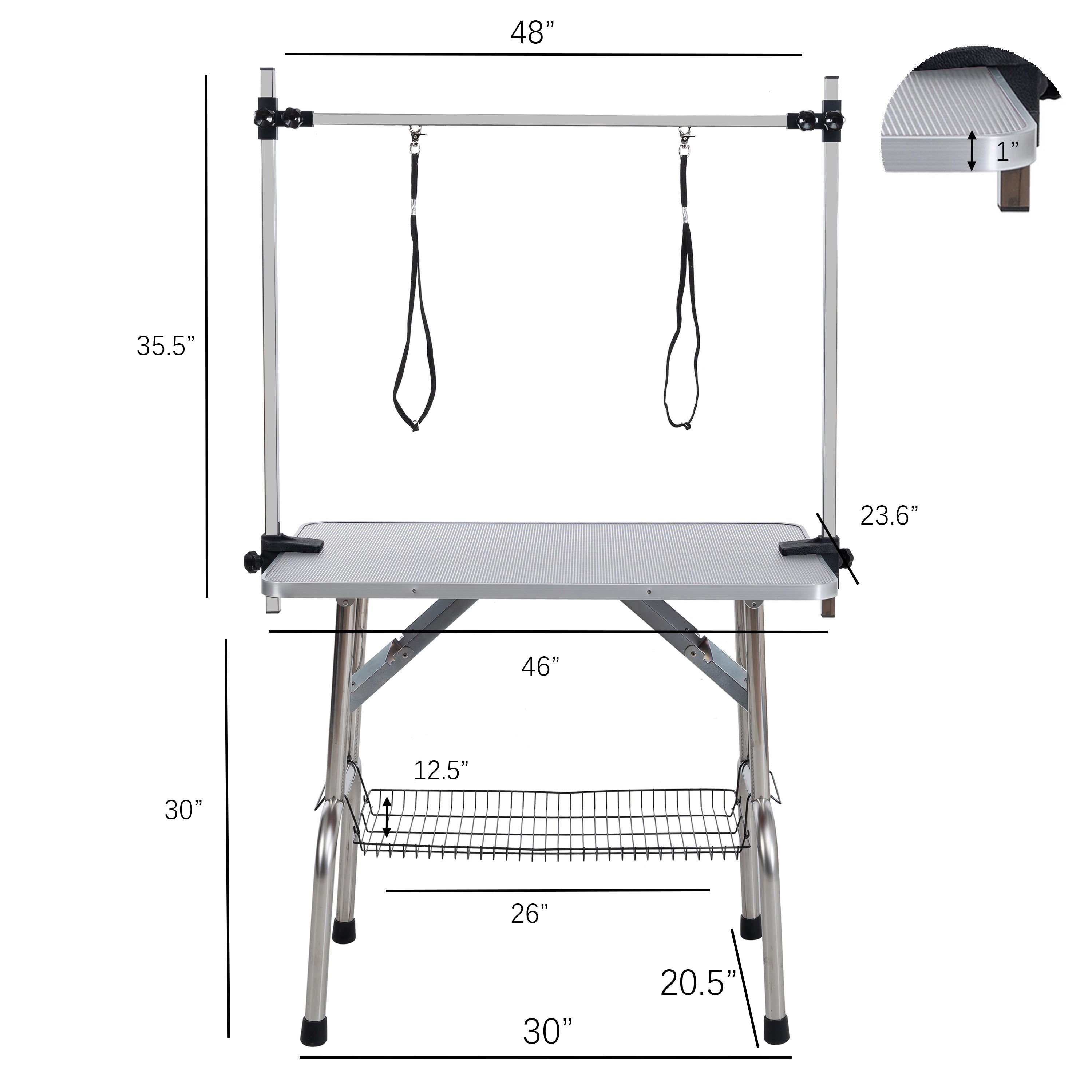 46' Folding Dog Pet Grooming Table Stainless Steel Frame Rubber Mat on Board with Adjustable Arm and Clamps pet dog Cat Grooming Table (SILVER-GRAY COLOR)