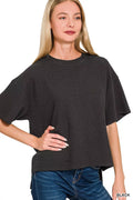 Zenana Full Size Double Knit Side Slits Hi Low Short Sleeve Top Plus Size