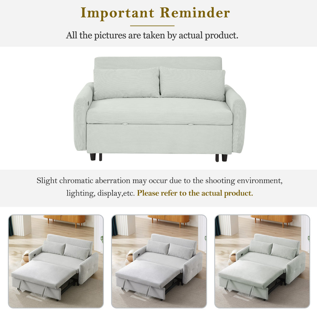 Modern Convertible Pull-out Sofa Bed Loveseat with USB Ports, Light Grey-Green Corduroy, 57.48 Inches