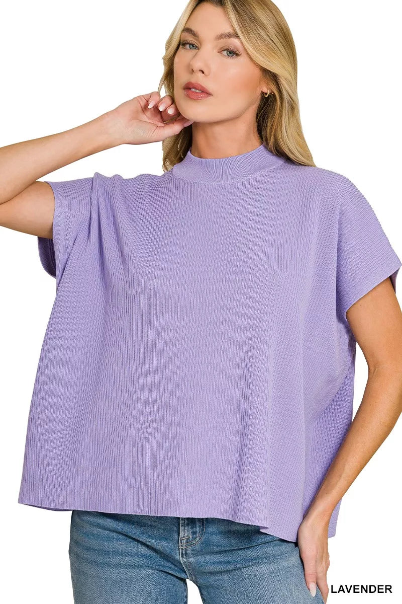 Zenana Viscose Mock Neck Short Sleeve Boxy Sweater
