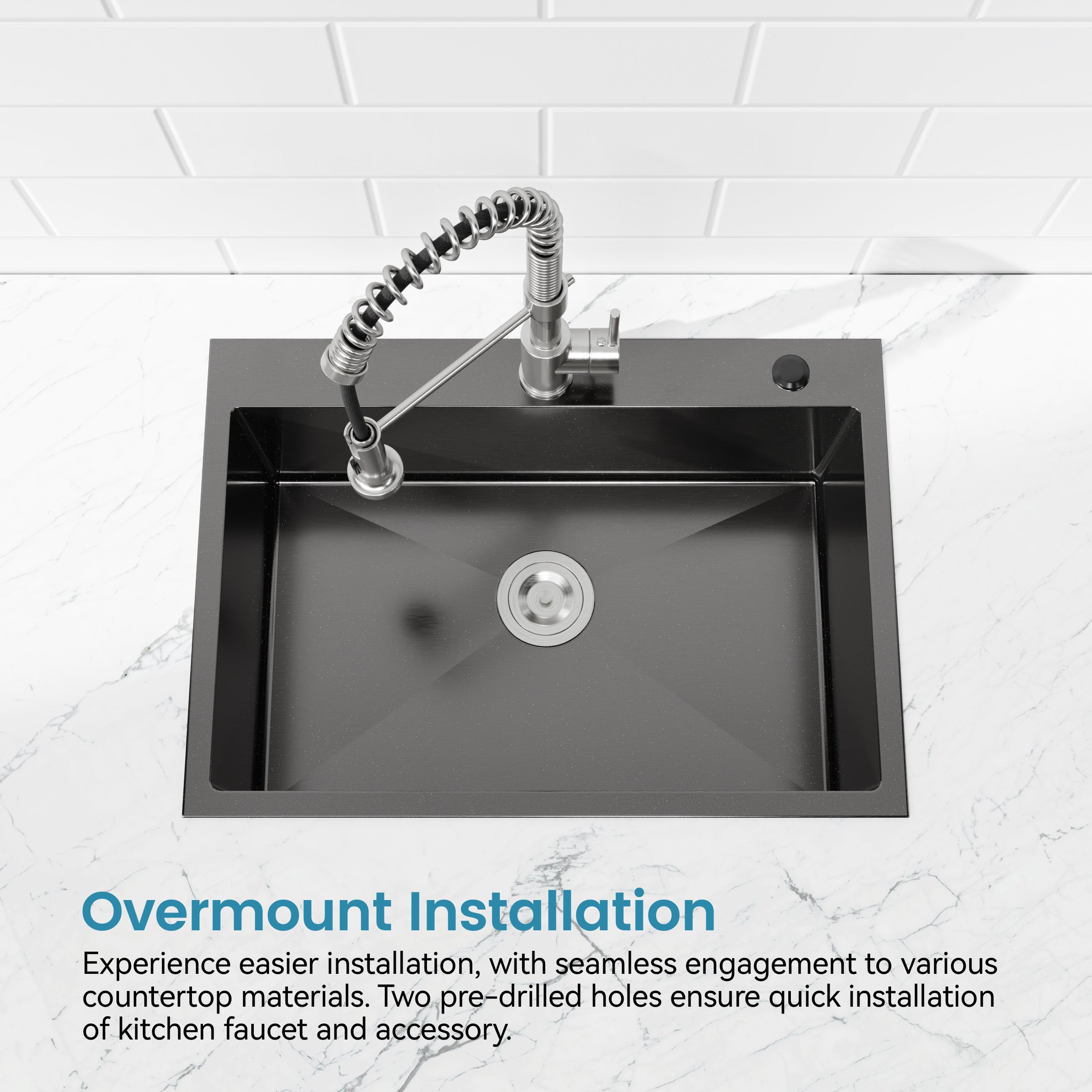 Stainless Steel Kitchen Sink, 30″x19″ Single Bowl, Overmount Handmade Sink in Black, with US Standard Drain and Hook