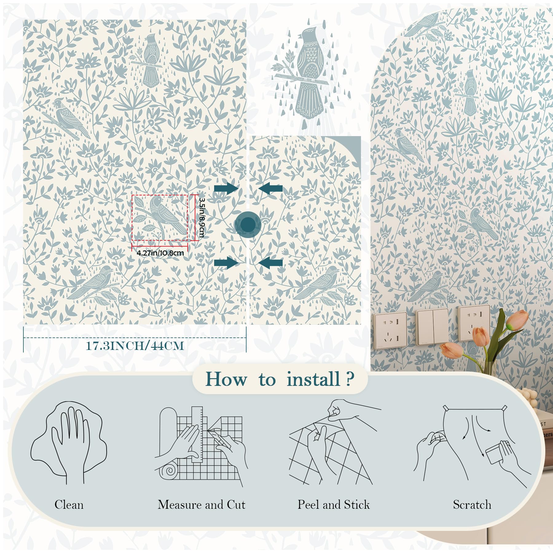 HELLKIT Peel Stick Wallpaper Blue Beige Bird 17.3x78.8in Vinyl Roll