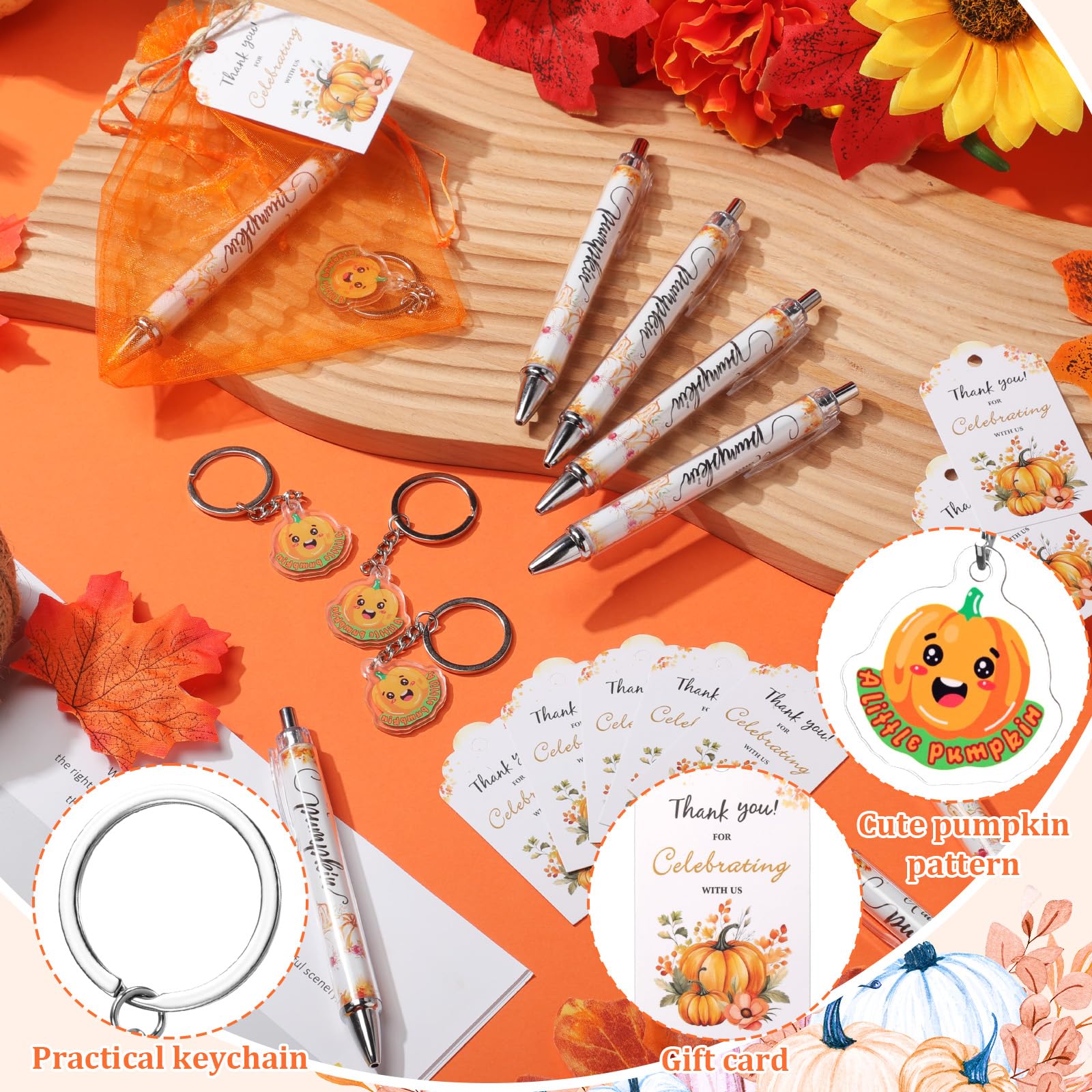 AmazingSpark 36 Sets Fall Baby Shower Favors Pumpkin Pens Keychains Orange