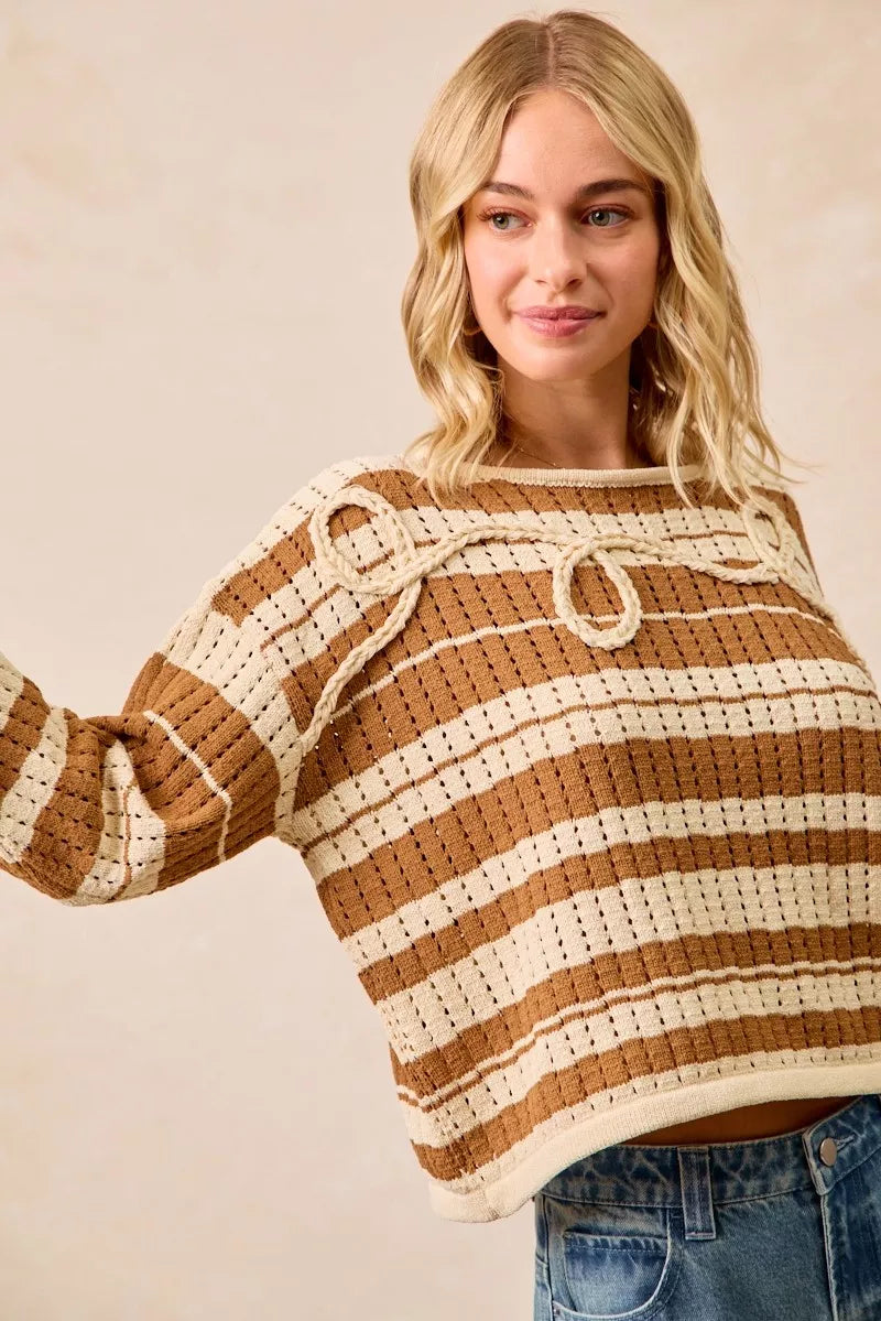 BiBi Striped Open Knit Sweater Top with Front Braided Detail