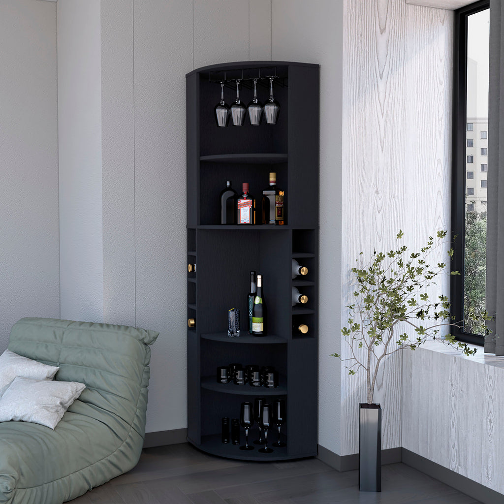 FM FURNITURE Clifton Corner Bar Cabinet, with 5 shelves,Cup Hanger and Eight Built-in Wine Rack, Black