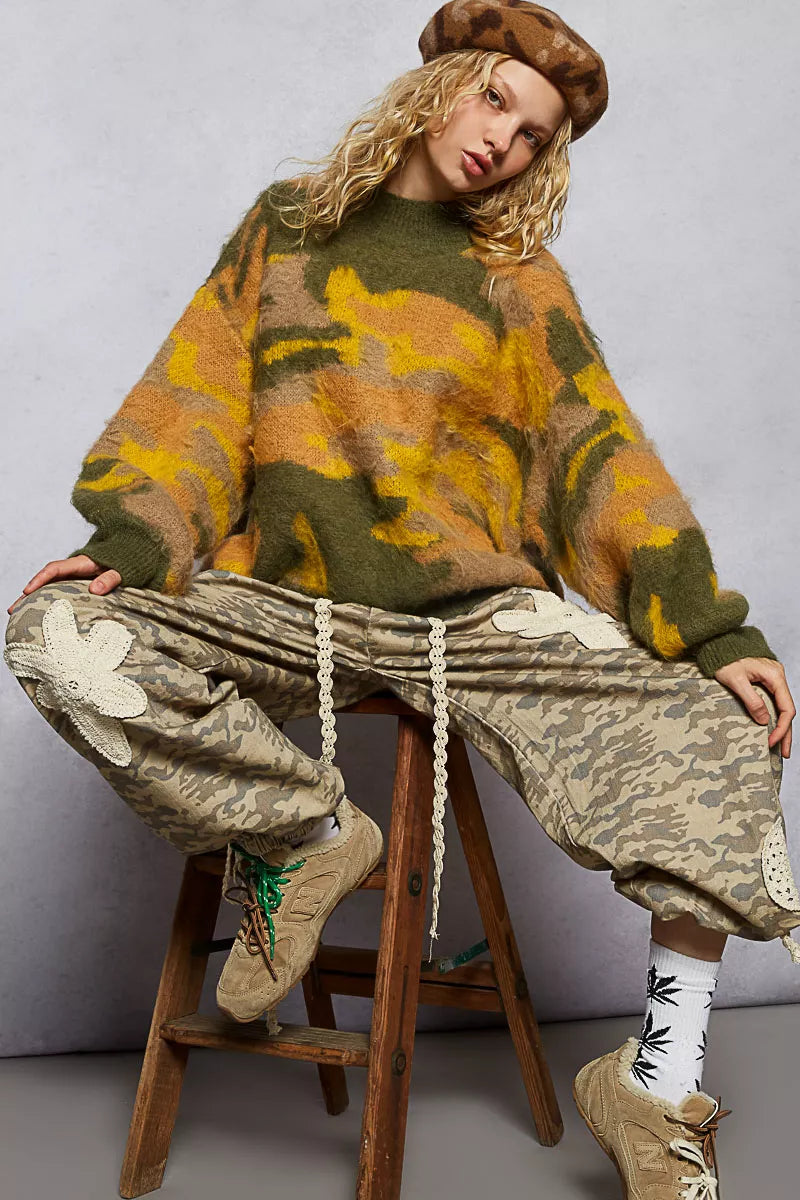 POL Mock Neck Abstract Colorblock Pattern Sweater