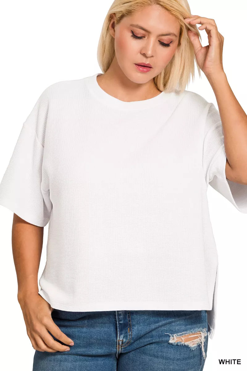 Zenana Full Size Double Knit Side Slits Hi Low Short Sleeve Top Plus Size