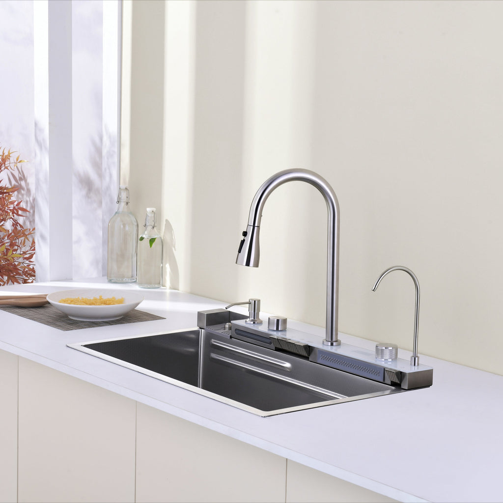Pull-out Facuet Single Bowl Sink Kitchen Vegetable Sink 304 Whale Waterfall Sink Stainless Steel Dish Sink Vegetable Sink Household Vegetable Washing Basin, Dark Gray