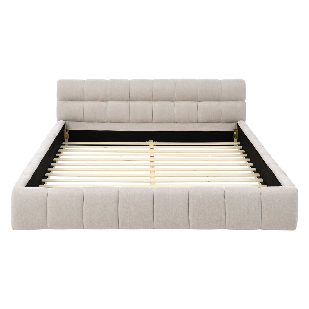 Modern Queen Size Upholstered Bed Frame with Headboard, Thick Chenille Fabric, Beige