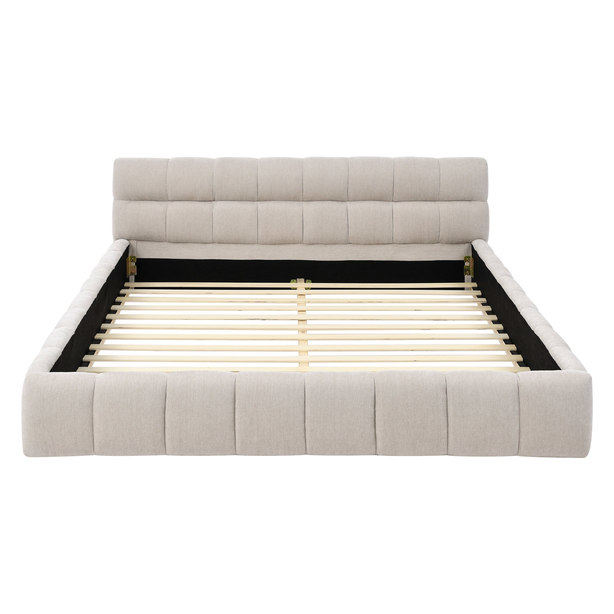 Modern Queen Size Upholstered Bed Frame with Headboard, Thick Chenille Fabric, Beige