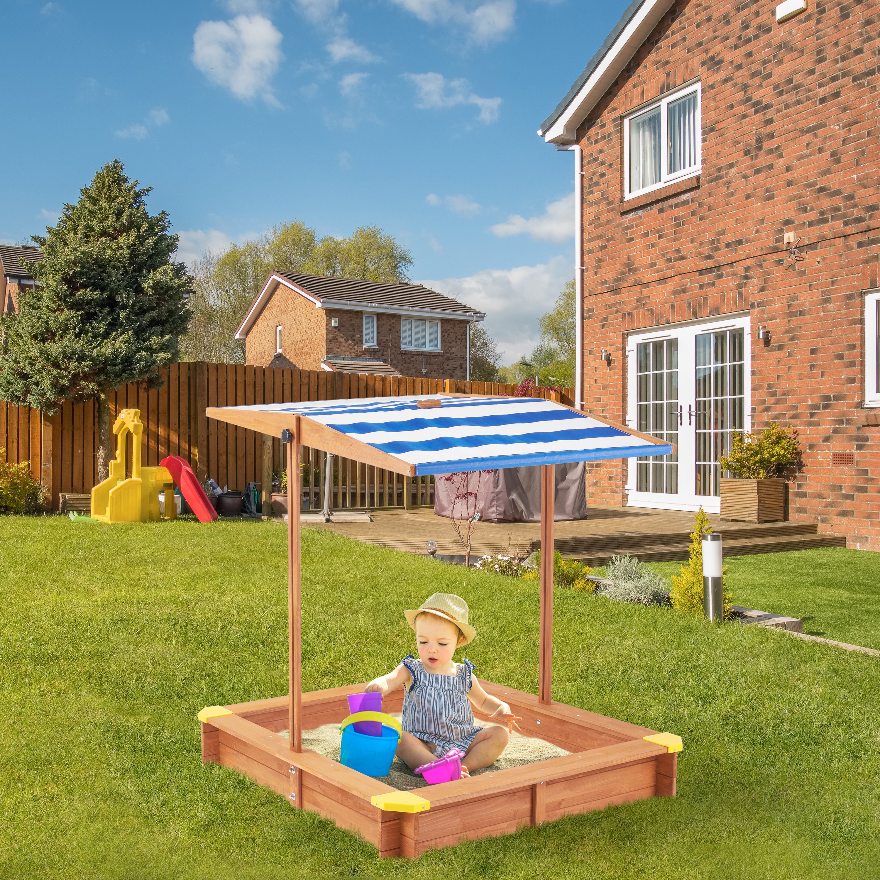 Kids Sandbox with Cover, 46' Wooden Sand Box w/Adjustable Canopy, Large Outdoor Cedar Sandpit for Backyard Play