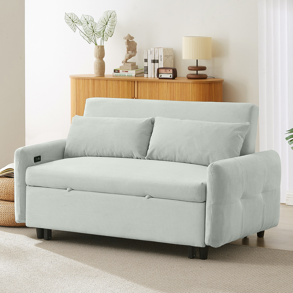 Modern Convertible Pull-out Sofa Bed Loveseat with USB Ports, Light Grey-Green Corduroy, 57.48 Inches