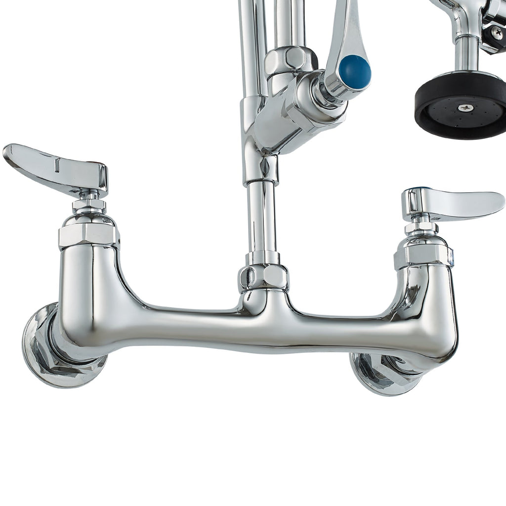 Commercial Faucet with Pre-Rinse Sprayer, 21' Height, 8' Center, 12' Swing Spout, Wall Mount Kitchen Sink Faucet, Brass Constructed Device with Pull Down Spray, for 1/2/3 Compartment Sink