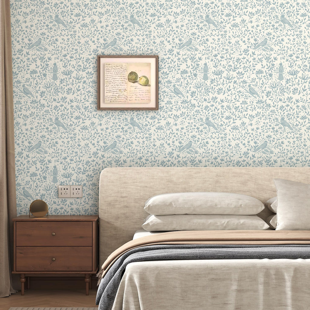 HELLKIT Peel Stick Wallpaper Blue Beige Bird 17.3x78.8in Vinyl Roll
