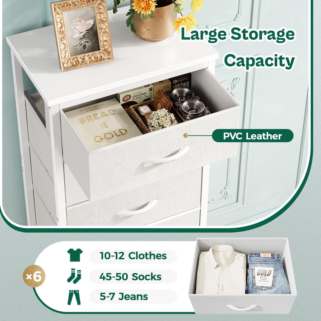 Huuger 43.3" 6 Drawer Fabric Dresser White Metal Frame Bedroom Storage