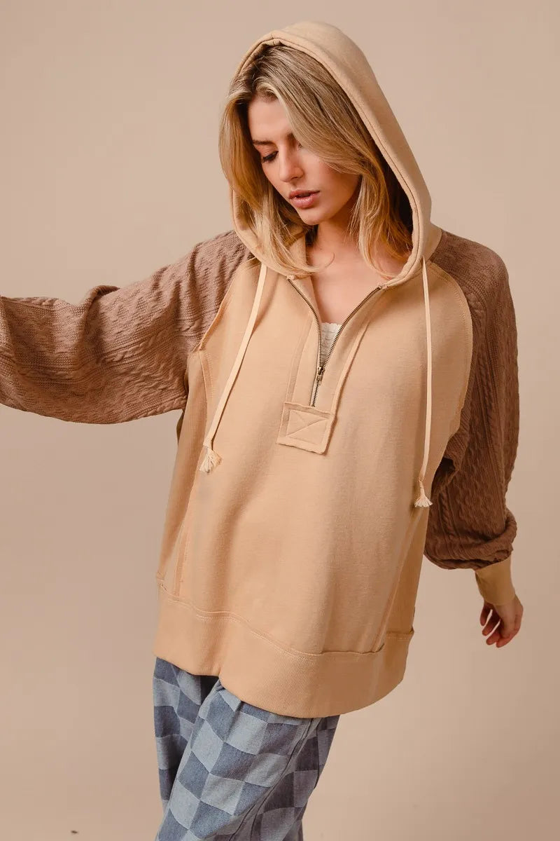 BiBi Half Zip French Terry Hoodie with Kint Sleeves