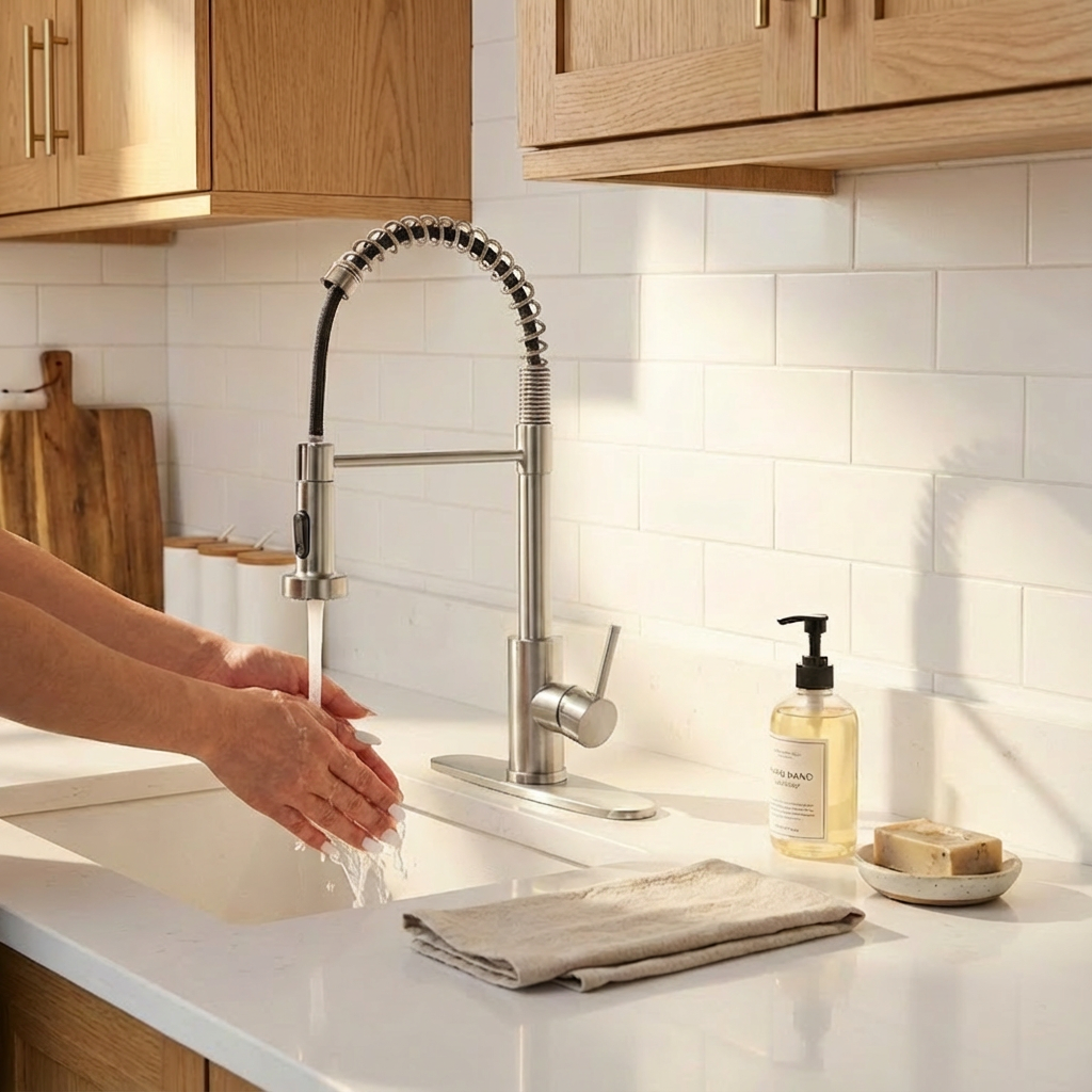 Kitchen Faucet with Pull Down Sprayer Industrial 1 Handle 1 Hole Or 3 Hole Faucet for Farmhouse Camper Laundry Utility Rv Wet Bar Sinks, Stainless Steel, Brushed Nickel
