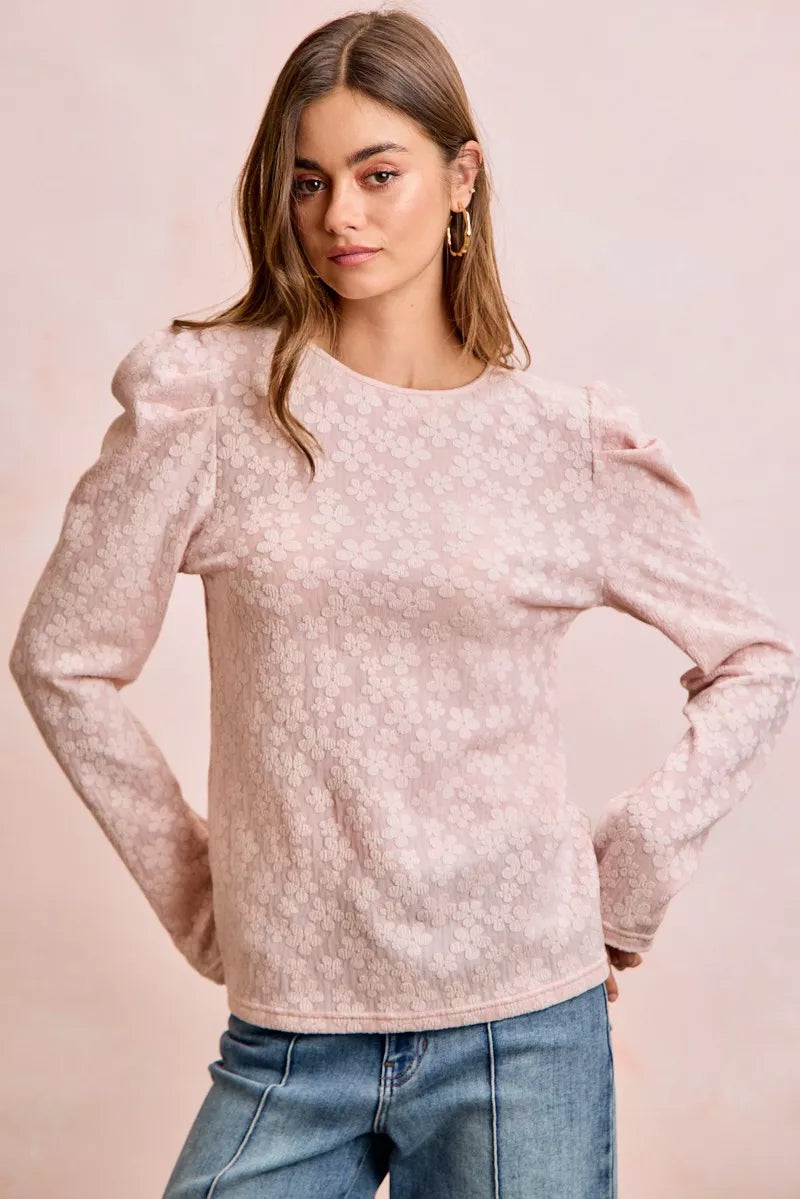 BiBi Textured Flower Knit Puff Shoulder Top