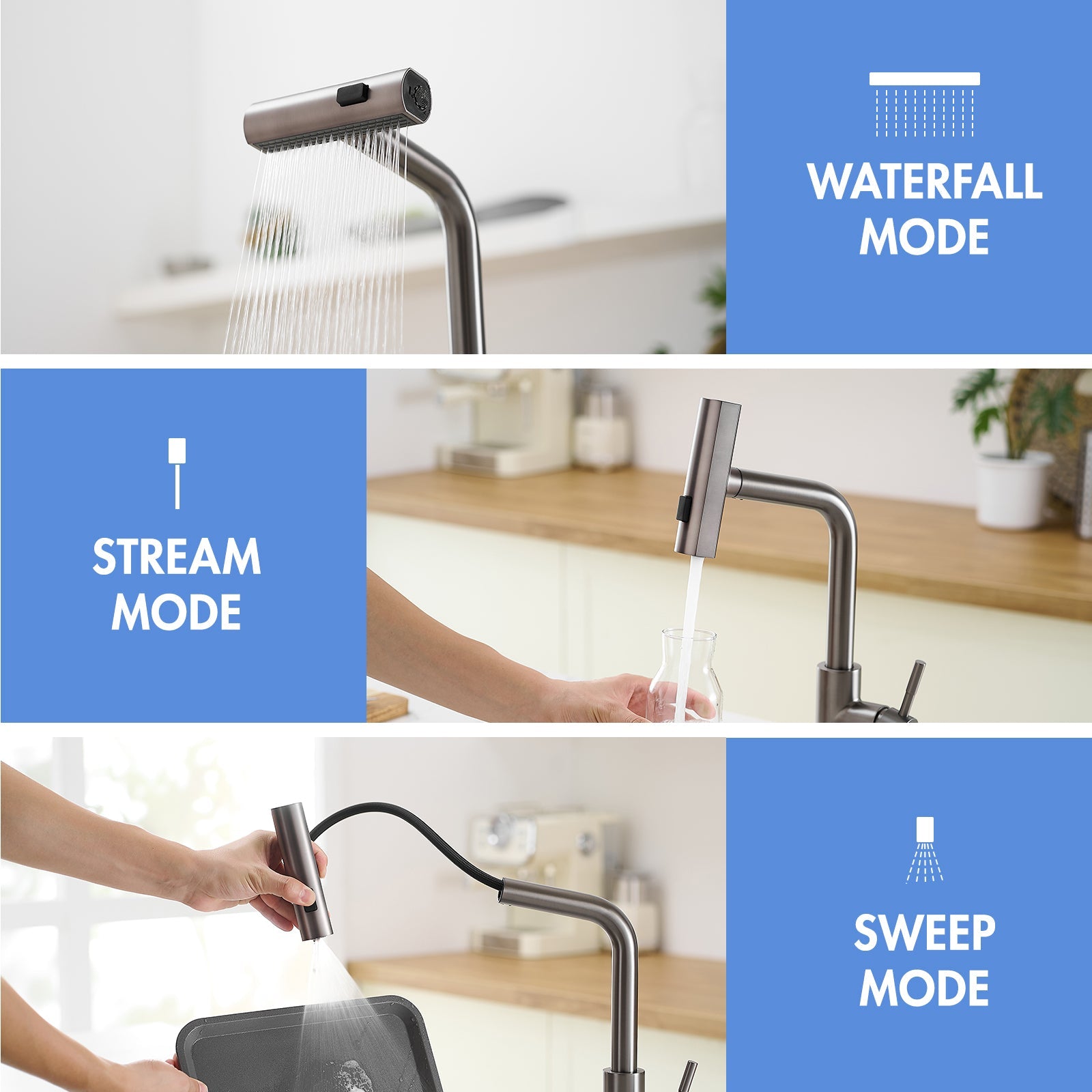 360° Rotation Pull-Down Kitchen Faucet with 3 Spray Modes -Gun Grey /Stainless Steel High-Arc Sink Faucet