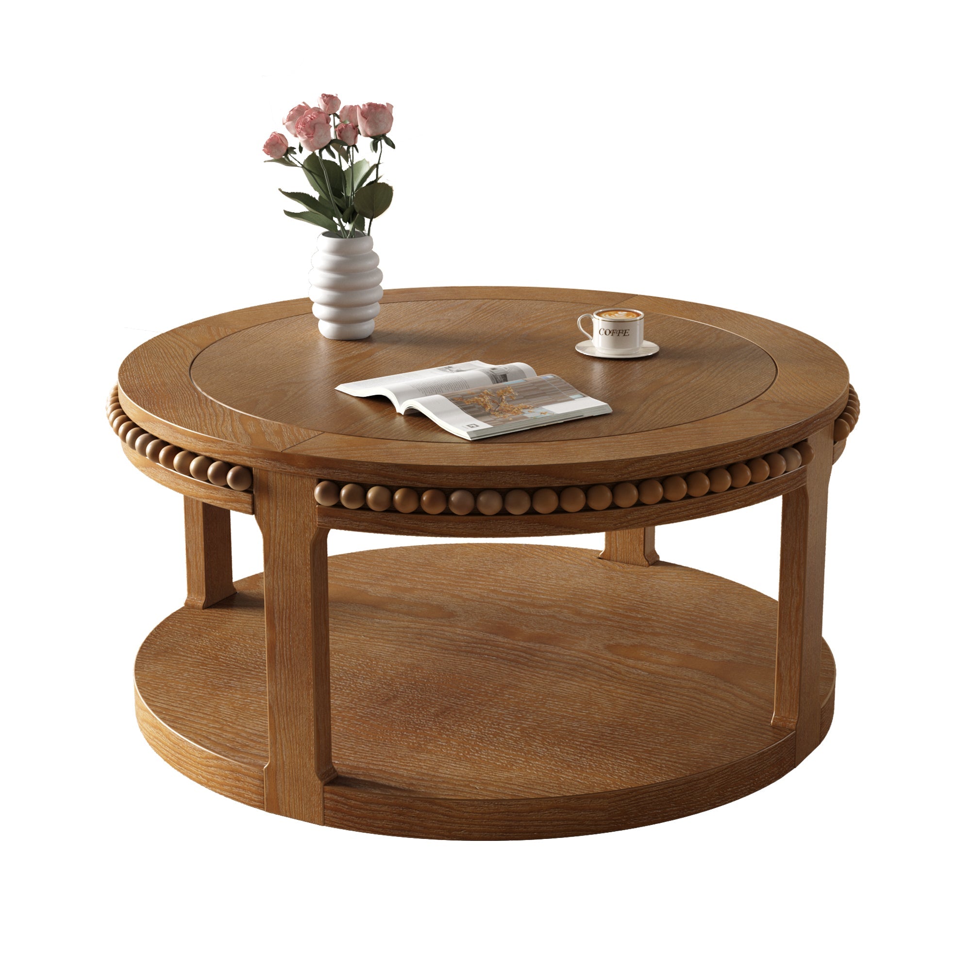 31.5 Inch Round Solid Wood Coffee Table & Sofa Table - Two-Tier Thickened Top, Sturdy Legs, Circle Table for Living Room (Walnut)