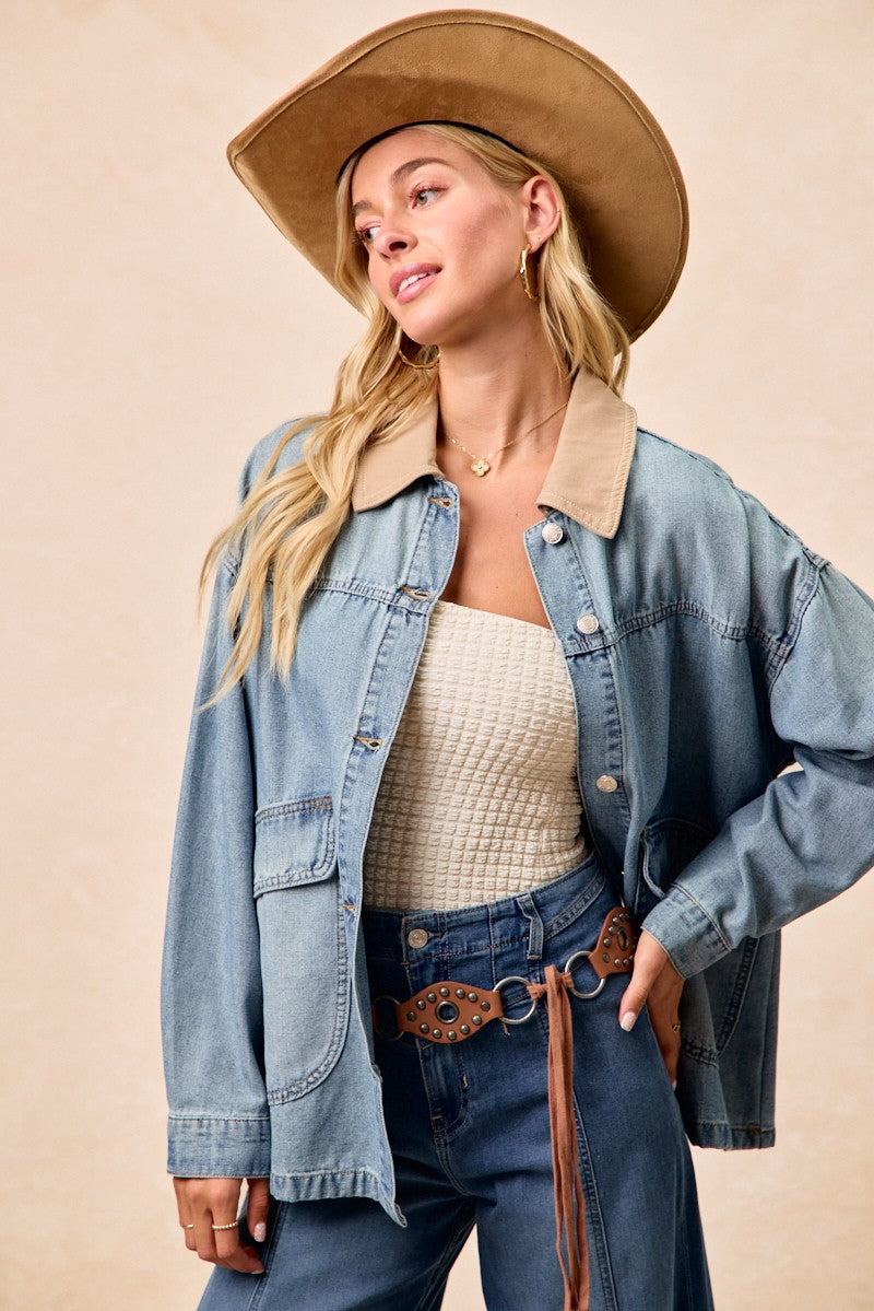 BiBi Washed Denim Jacket with Contrast Collar Detail