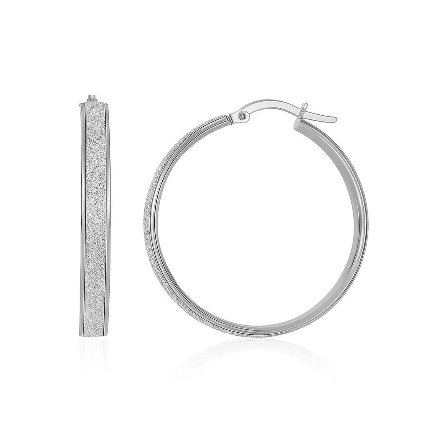 14k White Tone Gold Hoop Style Earrings with Center Glitter Look Design(4x30mm)