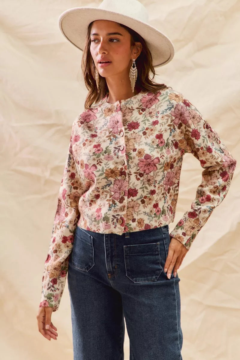 SO ME Floral Print Button Front Sweater Cardigan