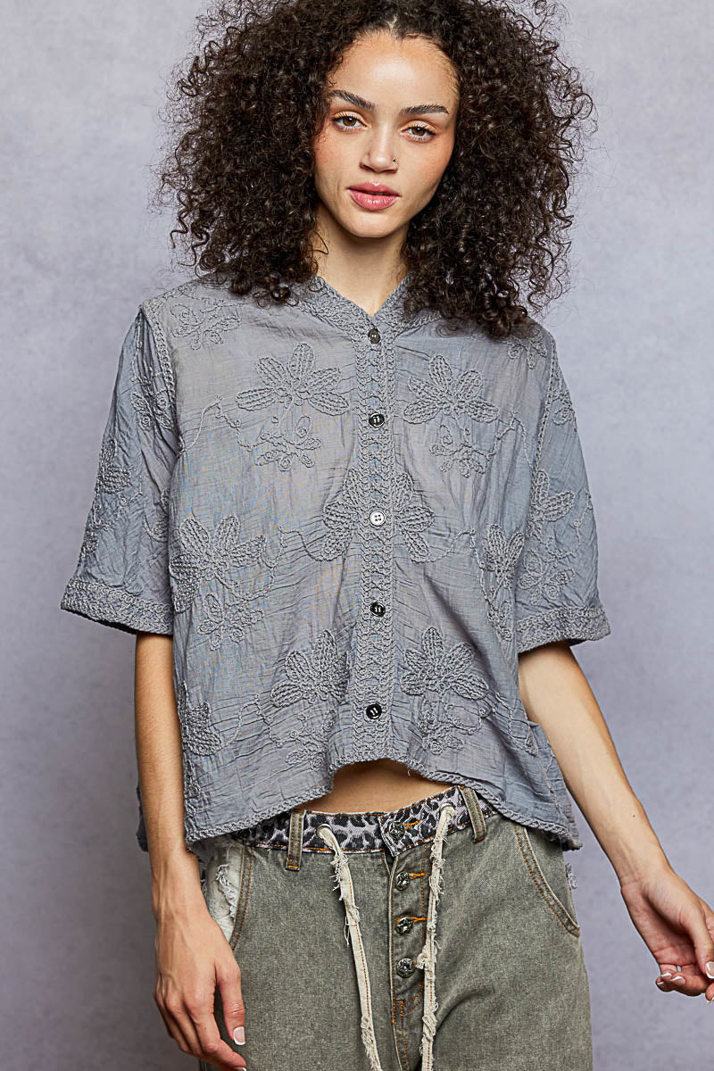 POL Button Front Floral Stitching Breathable Hooded Shirt